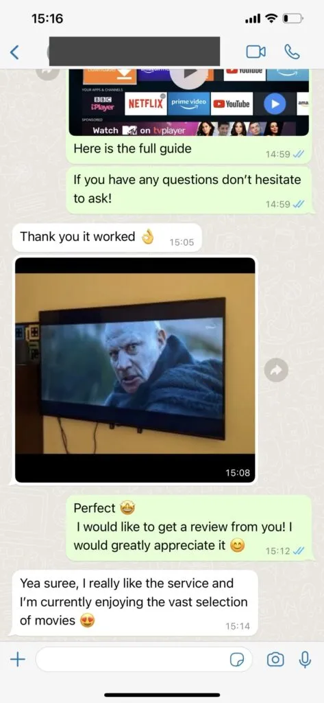 WhatsApp customer support chat showing instant IPTVON playlist delivery